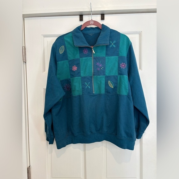 Sweaters - Embroidered Green / Blue Checkerboard Quarter Zip Sweatshirt Vintage
